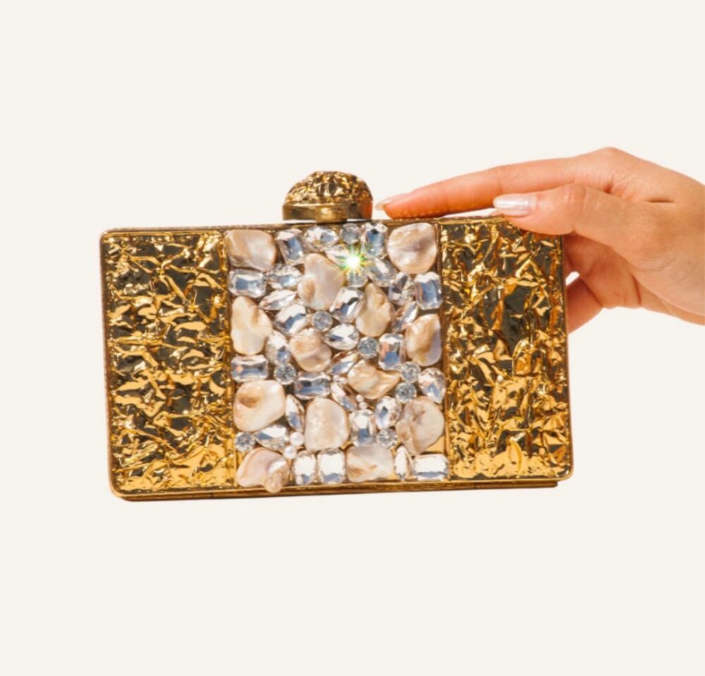NEW RAMLA Arya Box Brass Clutch Mother of Pearl Minaudière $425 Chain Strap Gold